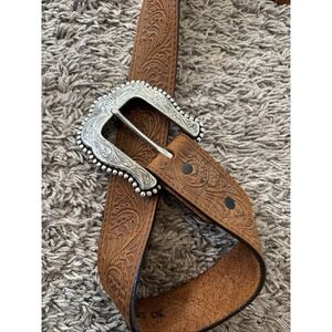 Vintage Tony Lama Leather Belt Embossed Floral Buckle Western Top Grain